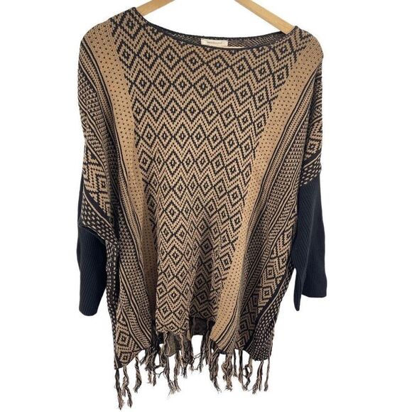 Westbound Womens Poncho Sweater Tassel Pullover Acrylic Blend Black Beige XL - Picture 8 of 10